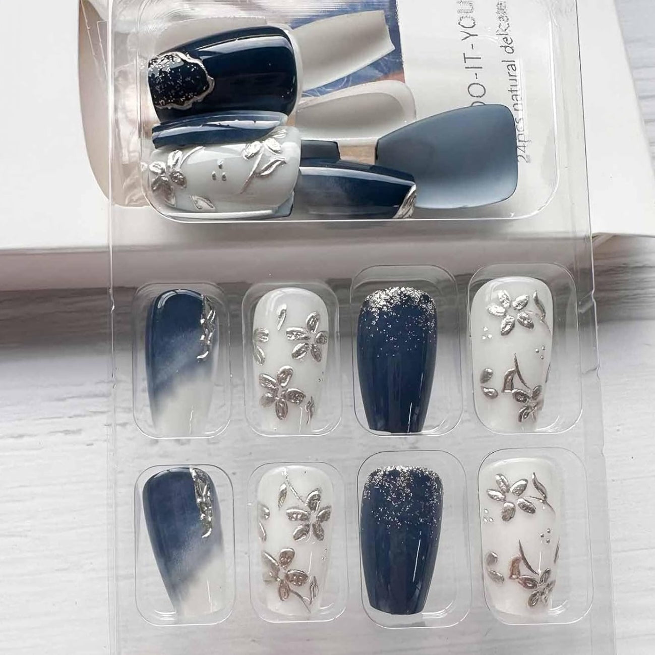Trendy Floral Ombre Gold Accents Coffin Press-On Nails False Nails 24 Pcs – Free Shipping