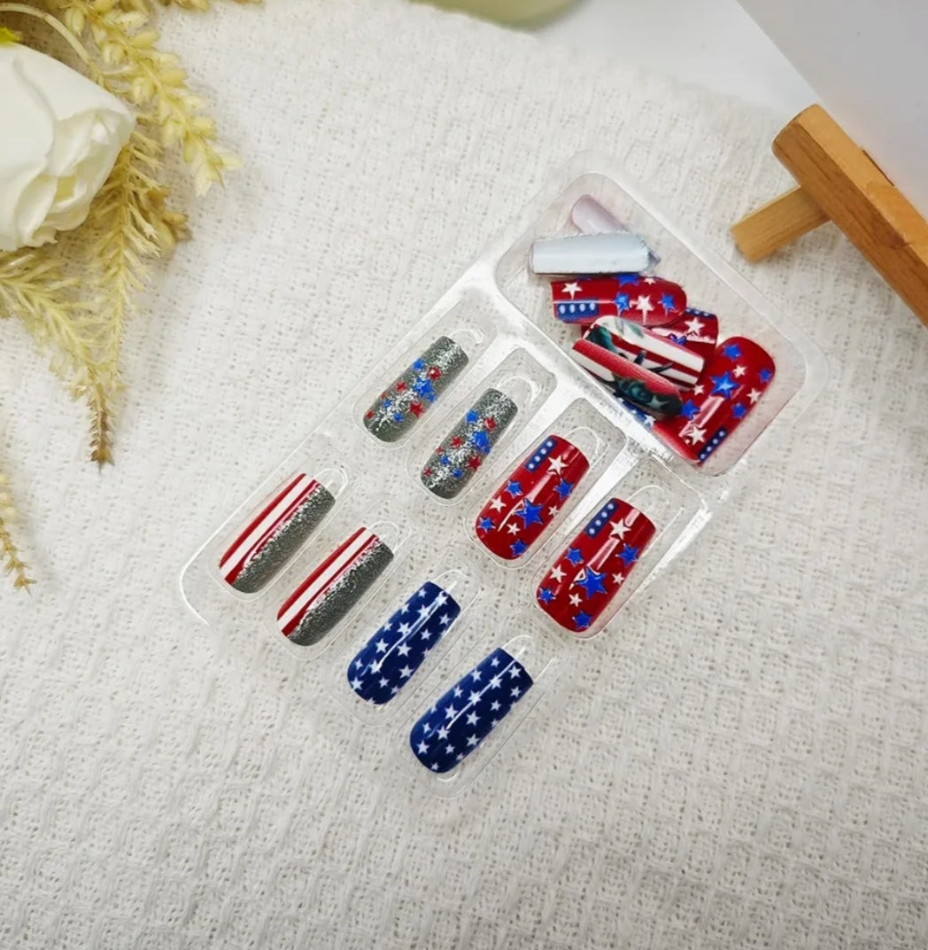 Trendy Patriotic American Flag Silver Chrome 3D Stars Press-On Nails Fake Artificial Nails 24 Pcs – Free Shipping