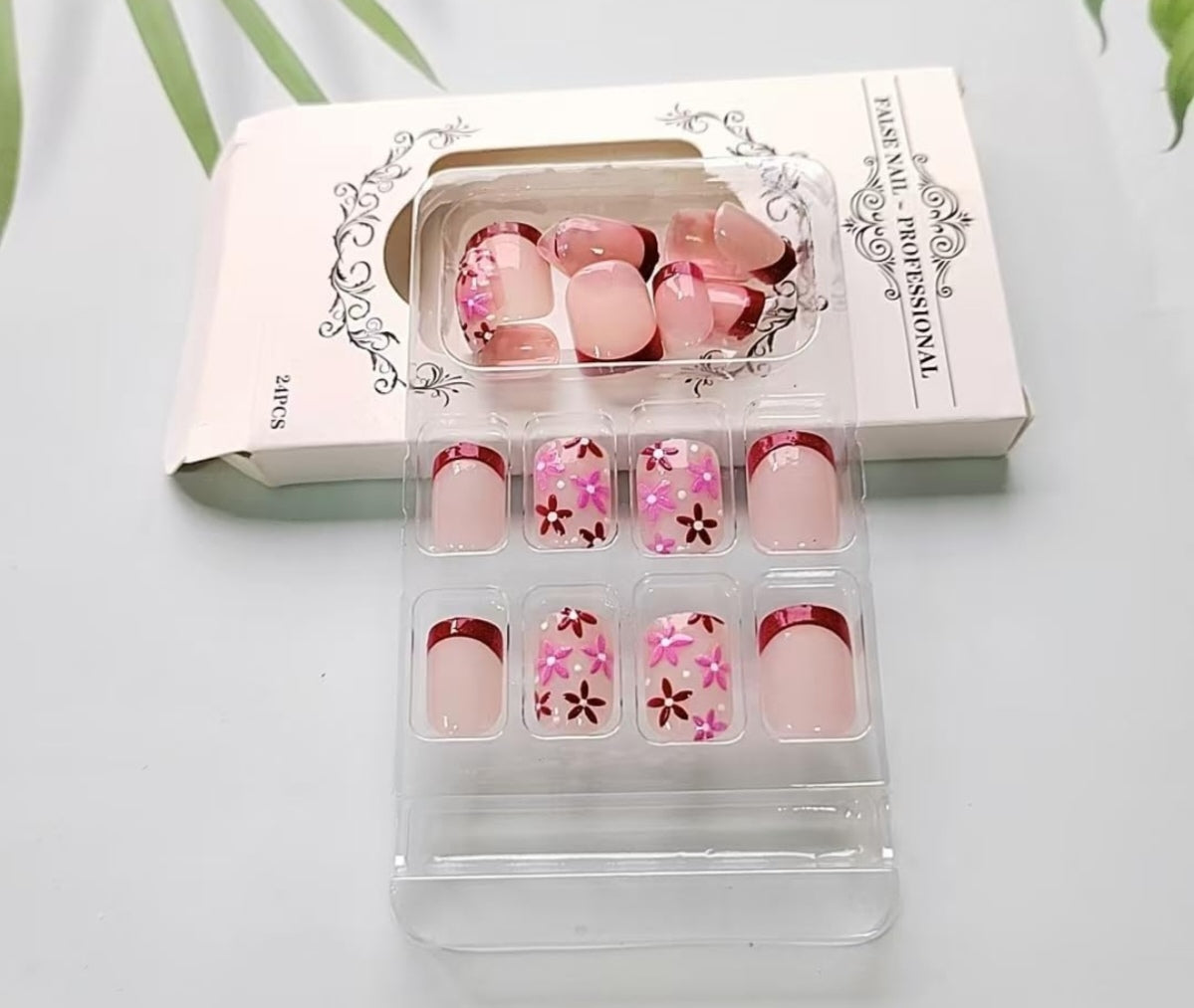 Chic Spring Floral French Tip Press-On Nails Fake Artificial Nails 24 Pcs – Free Shipping