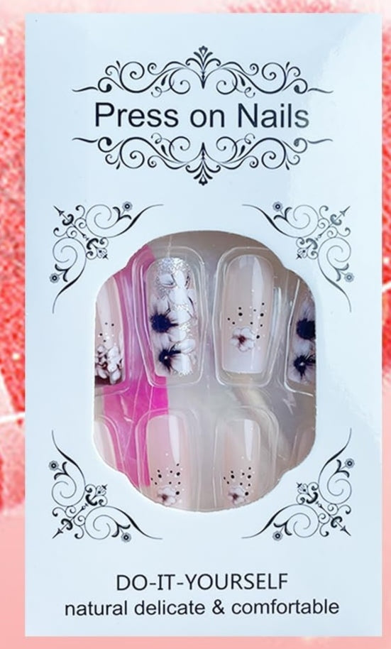 Floral Brown French Tip Press-On Nails Artificial Nails 24 Pcs - Free Shipping