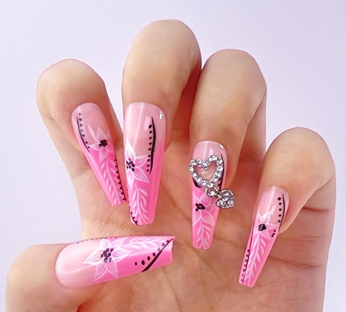 Elegant Pink Floral 3D Heart Rhinestones Coffin Press-On Nails False Nails 24 Pcs - Free Shipping