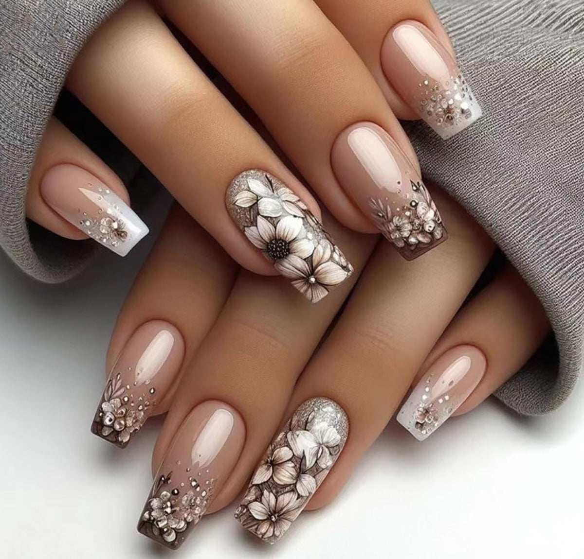 Floral Brown French Tip Press-On Nails Artificial Nails 24 Pcs - Free Shipping