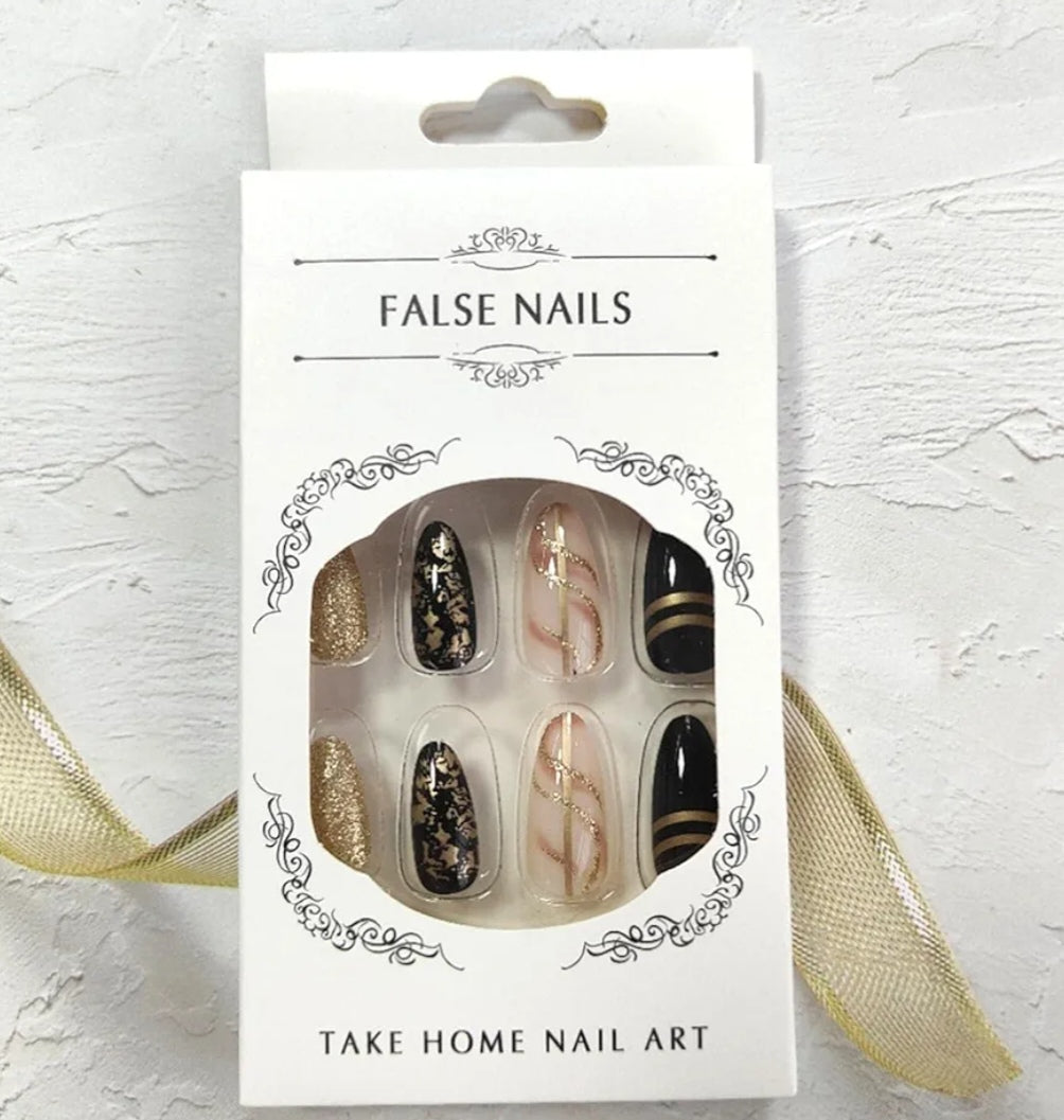 Trendy Black Gold Metallic Press-On Nails Fake Artificial Nails 24 Pcs–Free Shipping