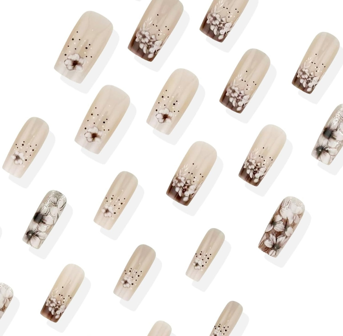 Floral Brown French Tip Press-On Nails Artificial Nails 24 Pcs - Free Shipping