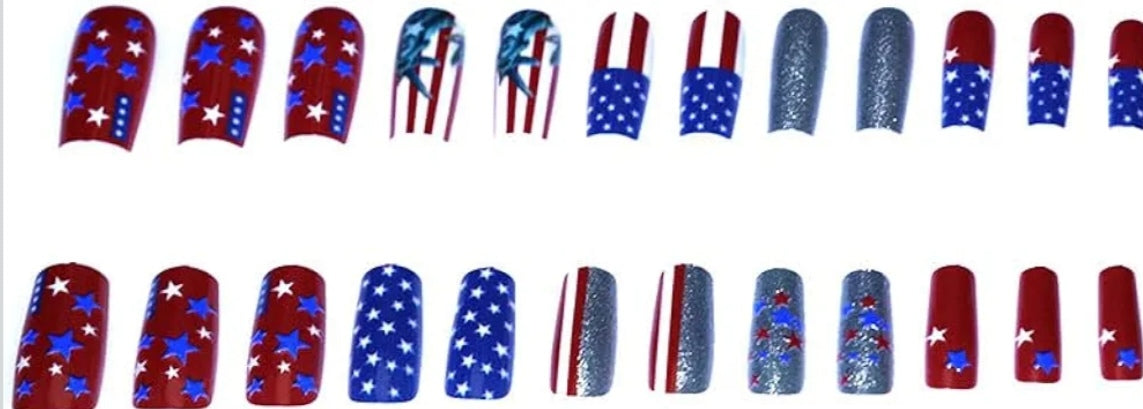 Trendy Patriotic American Flag Silver Chrome 3D Stars Press-On Nails Fake Artificial Nails 24 Pcs – Free Shipping