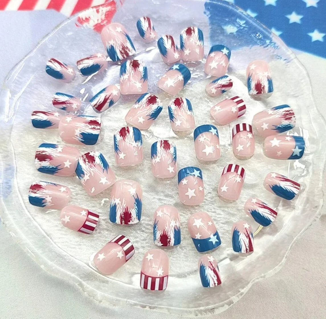 Trendy Patriotic Red White Blue French Tip Star Design Press-On Nails Fake Artificial Nails 24 Pcs-Free Shipping