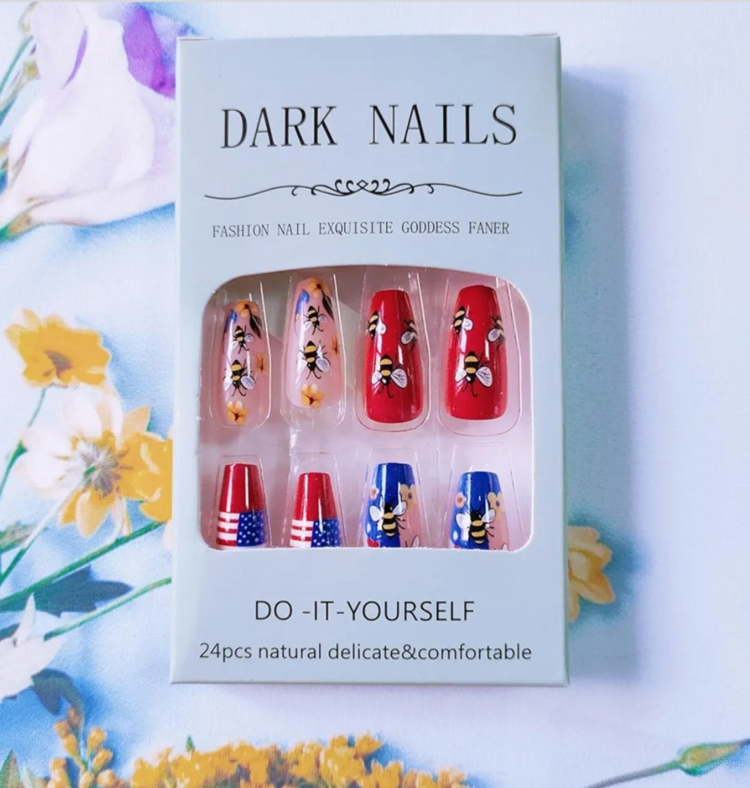 Fun Floral Bee Heart Patriotic Design Press-On Nails Fake Artificial Nails 24 Pcs - Free Shipping