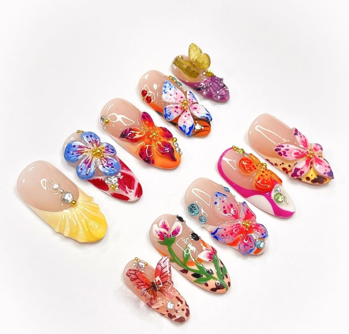 Vibrant Spring Butterfly Floral 3D Rhinestone Press-On Nails Fake Nails 24 Pcs – Free Shipping