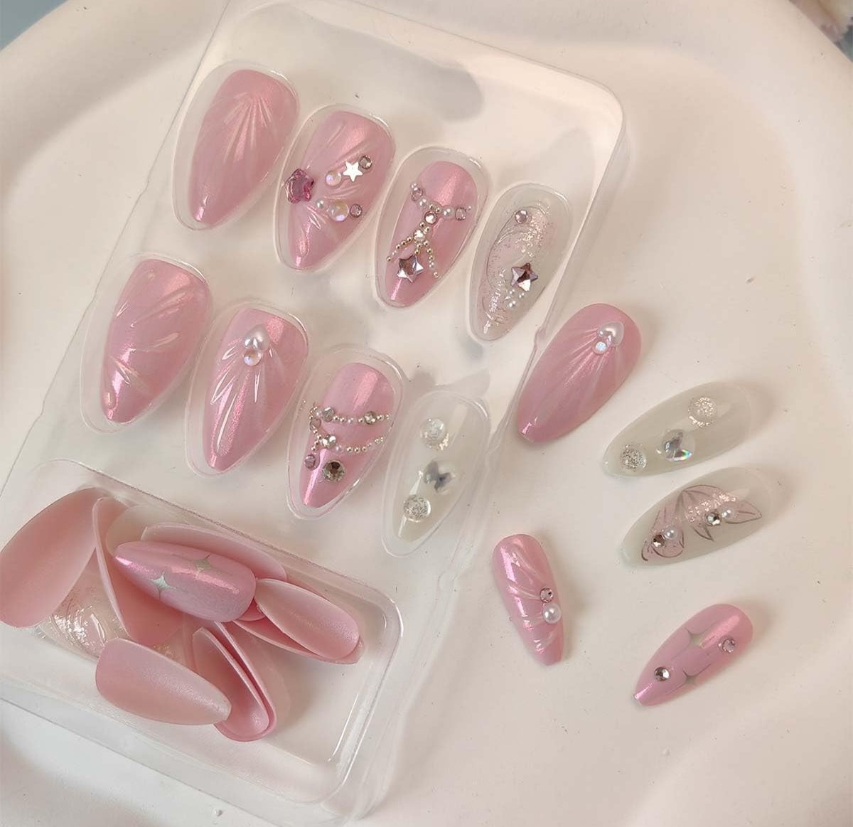 Glam Pink 3D Metallic Rhinestone Press-On Nails Fake Nails 24 Pcs – Free Shipping