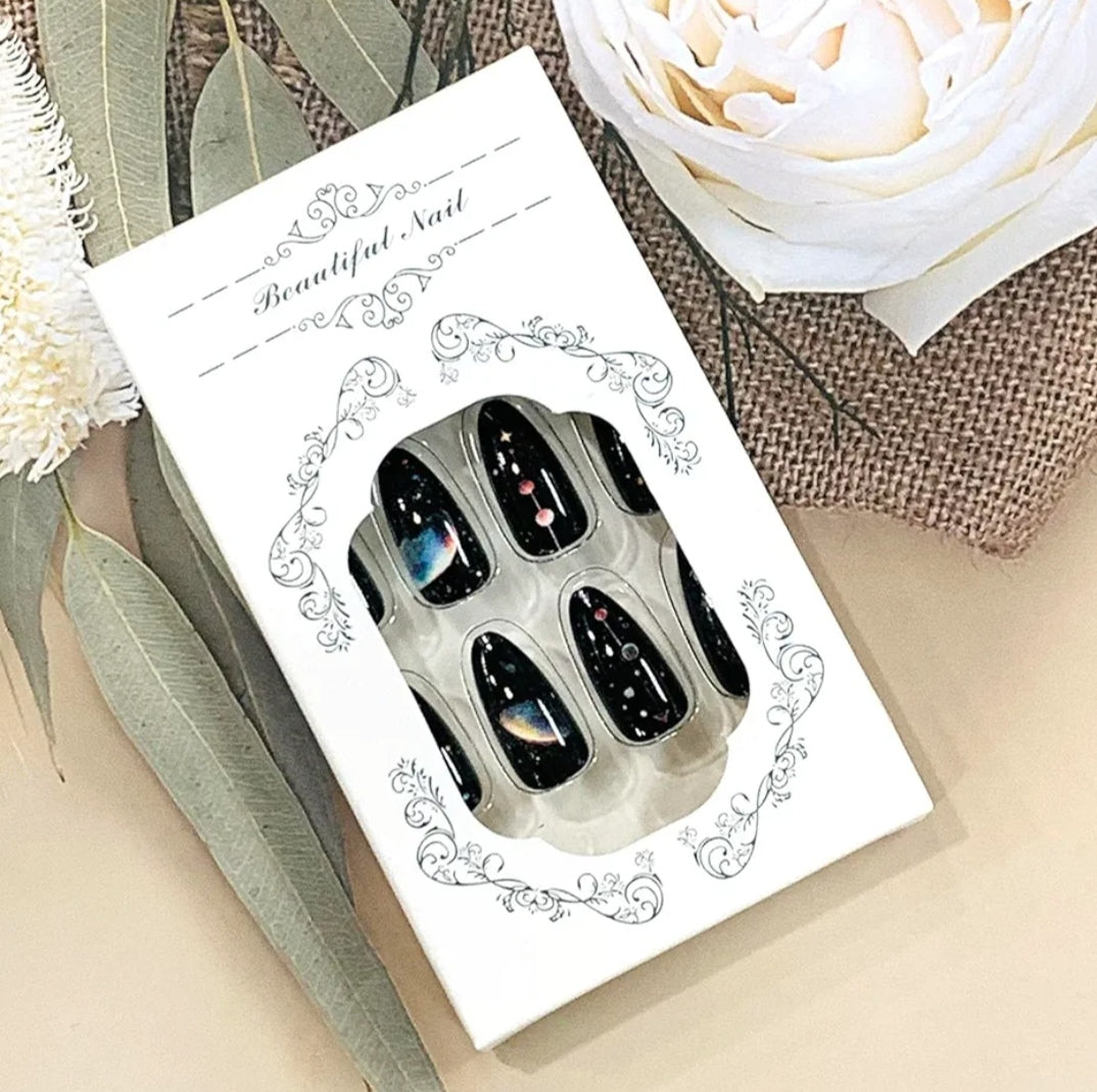 Stylish Black Galaxy Space Nail Art Press-On Nails Fake Artificial Nails 24 Pcs – Free Shipping