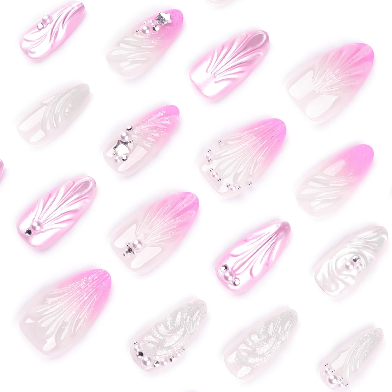 Stunning Pink Pearl 3D Seashell Rhinestones Press-On Nails Artificial Nails 24 Pcs – Free Shipping