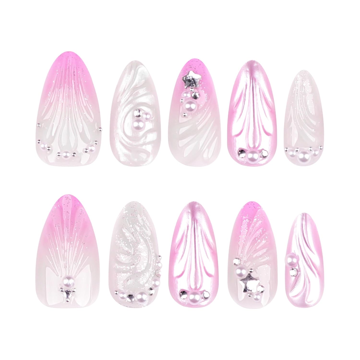 Stunning Pink Pearl 3D Seashell Rhinestones Press-On Nails Artificial Nails 24 Pcs – Free Shipping