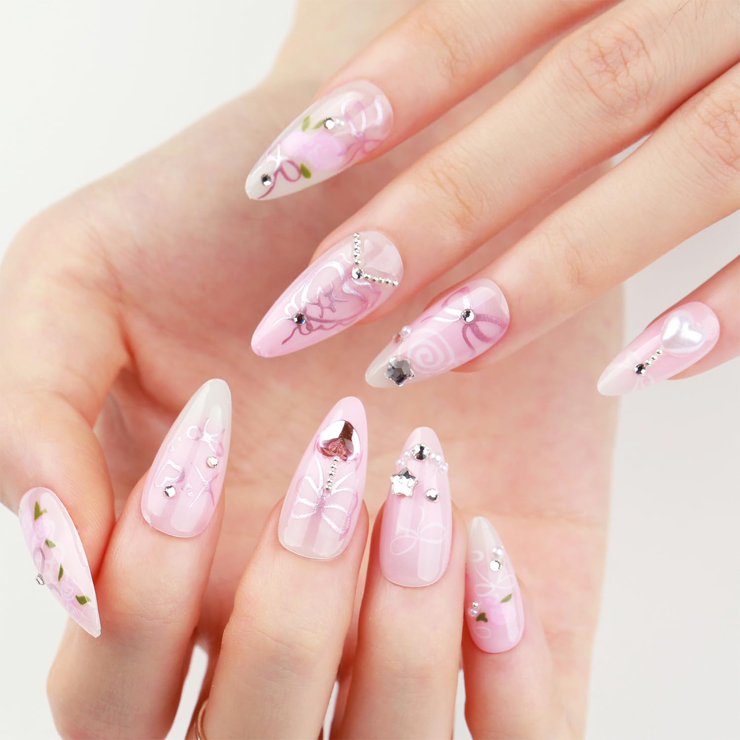 Stylish Pink Rose Heart 3D Bow Rhinestones Press-On Nails False Nails 24 Pcs - Free Shipping