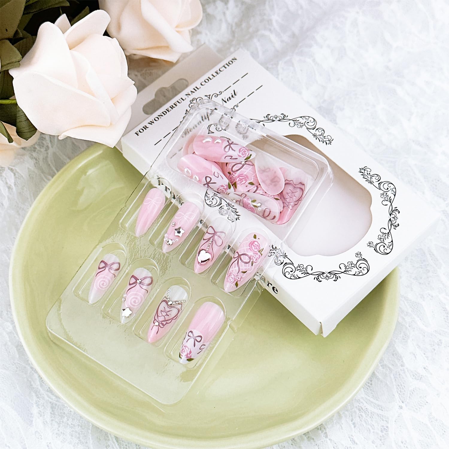 Stylish Pink Rose Heart 3D Bow Rhinestones Press-On Nails False Nails 24 Pcs - Free Shipping