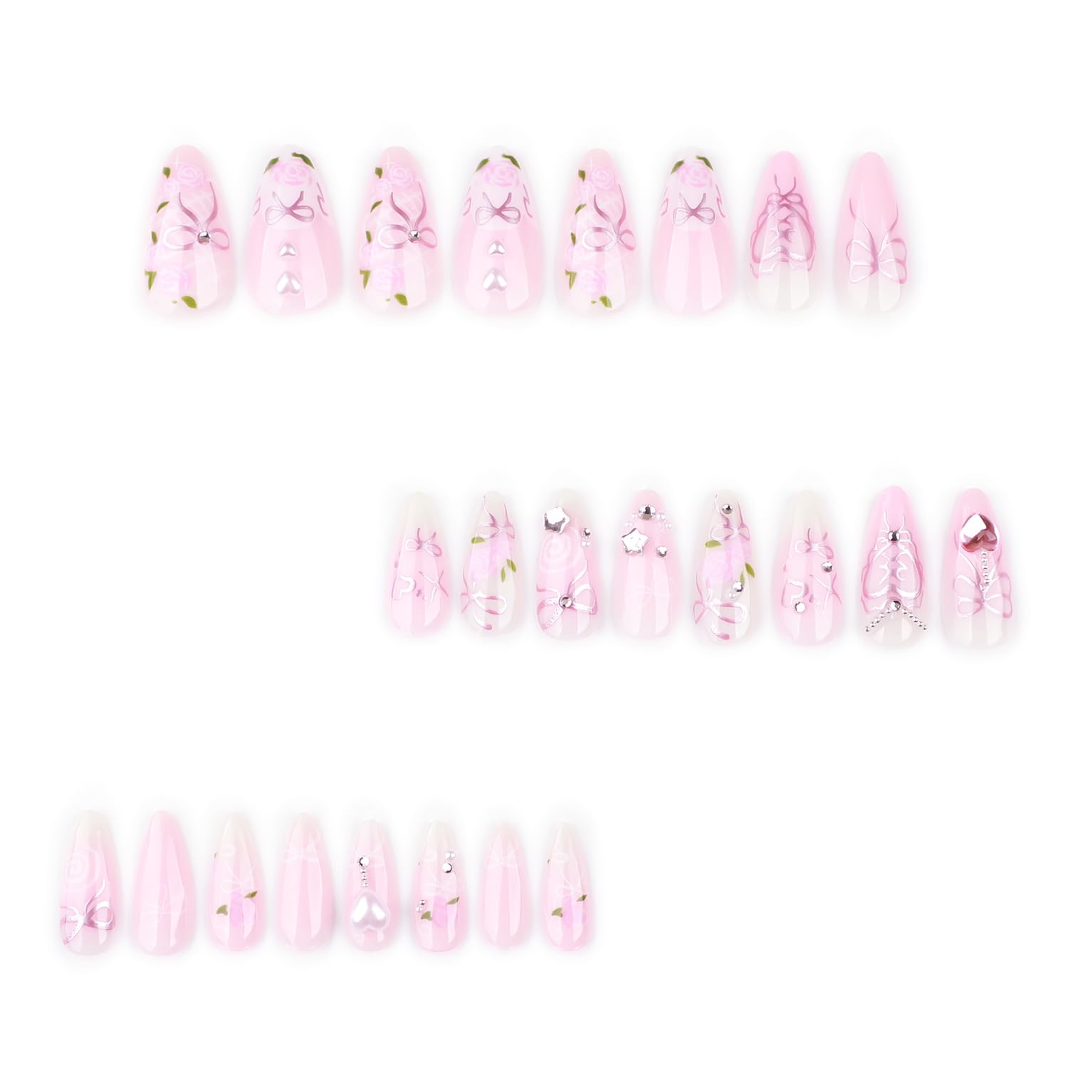 Stylish Pink Rose Heart 3D Bow Rhinestones Press-On Nails False Nails 24 Pcs - Free Shipping