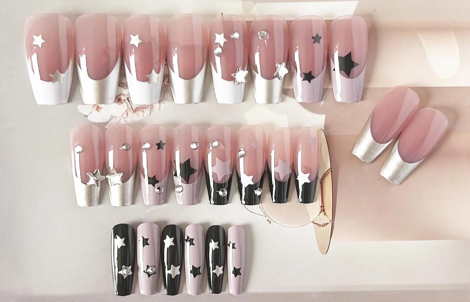 Trendy Black Pink 3D Starry Rhinestone Press-On Nails Fake Nails 24 Pcs - Free Shipping