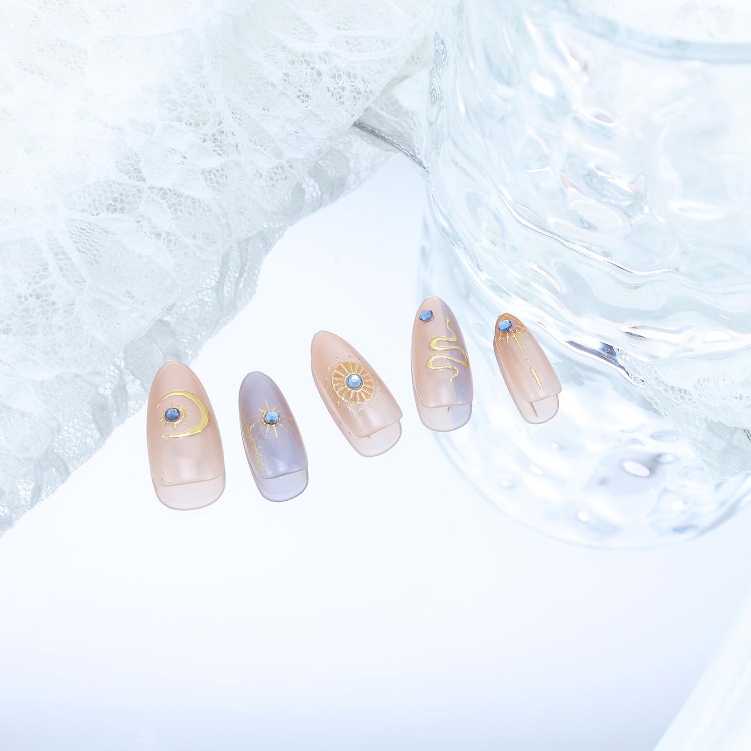 Stylish Metallic Moon Star Almond Press-On Nails Fake Nails 30 Pcs - Free Shipping