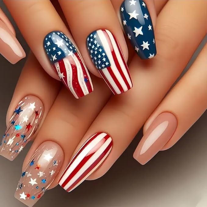 Elegant Patriotic Stars Stripes Press-On Nails Fake Artificial Nails 24 Pcs-Free Shipping