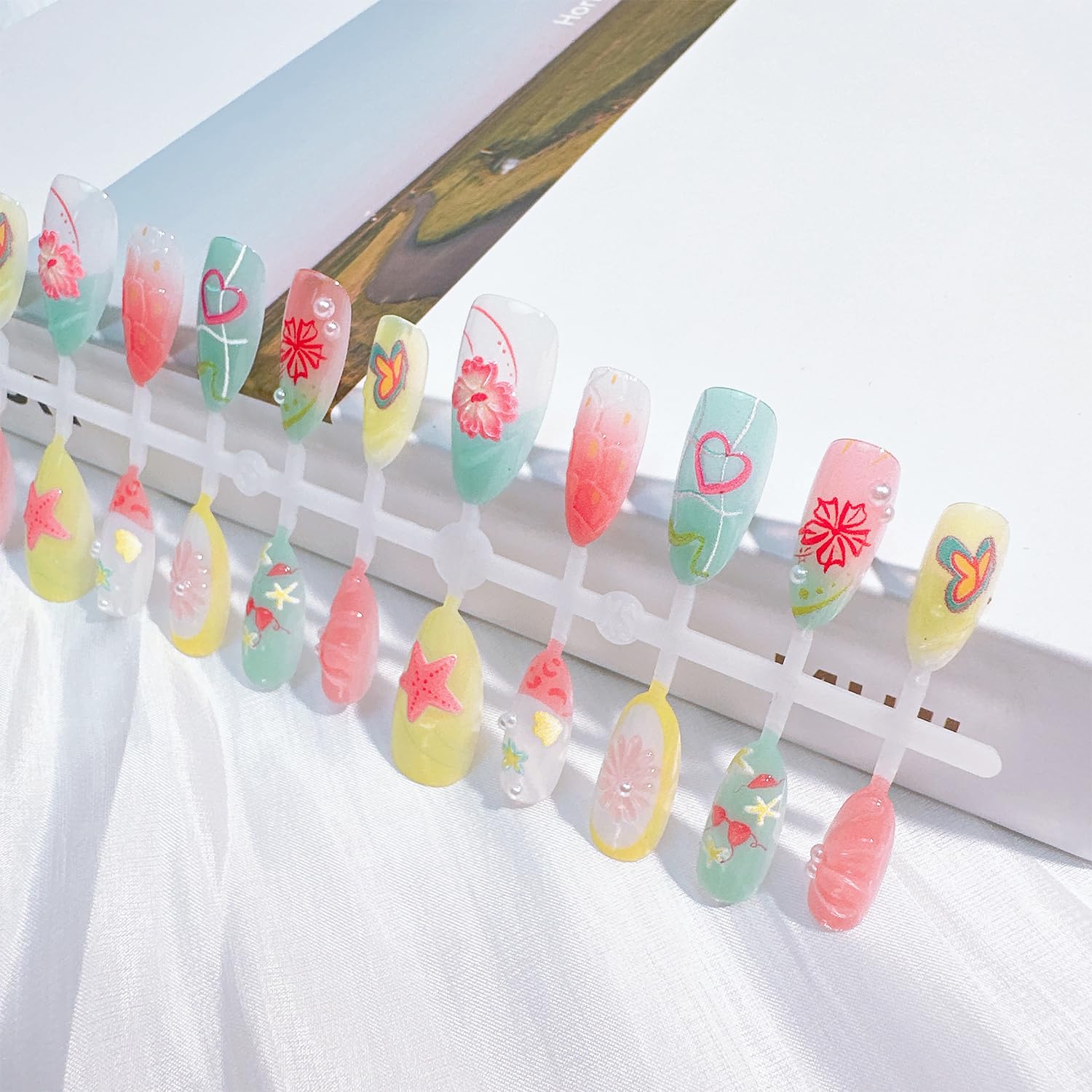 Vibrant Floral Starfish Ocean Almond Press-On Nails Fake Nails 30 Pcs – Free Shipping