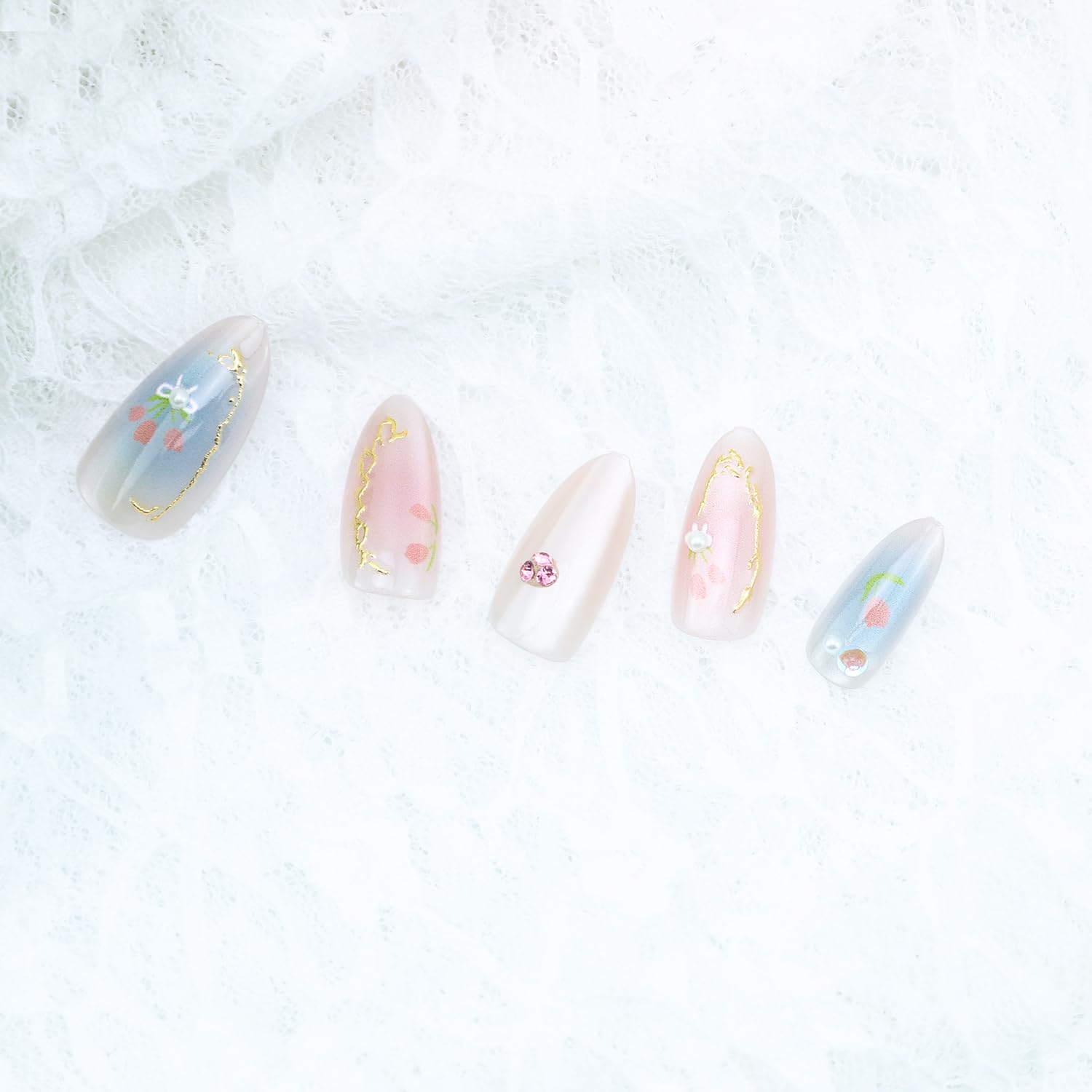 Elegant Floral Ombre 3D Pearl Bow Gold Almond Press-On Nails False Nails 30 Pcs - Free Shipping